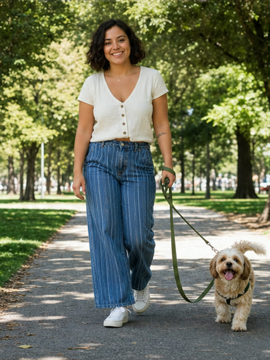 A woman and a small dog on a sunny park walk